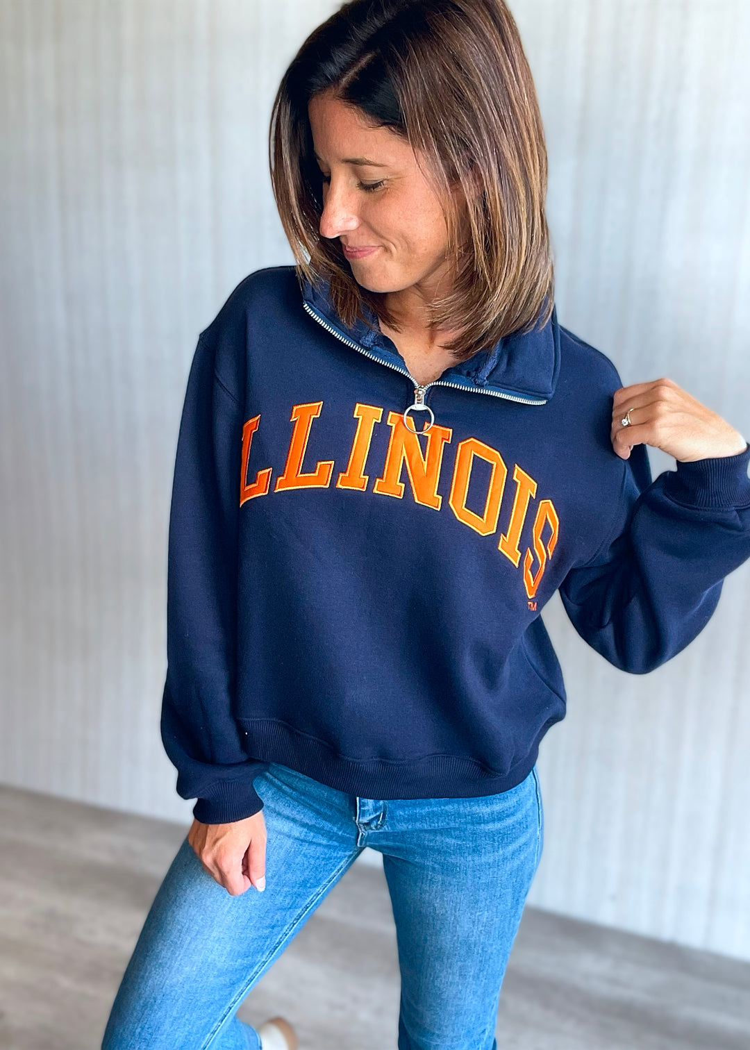 Women's Illinois Navy Quarter Zip Sweatshirt | Central Illinois Women's Clothing Boutique with game day clothing.