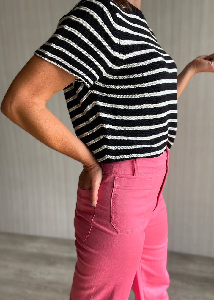Cute Summer Outfit - Pink Cropped Wide Leg Pants with high waist paired with a light weight black and white striped short sleeve sweater