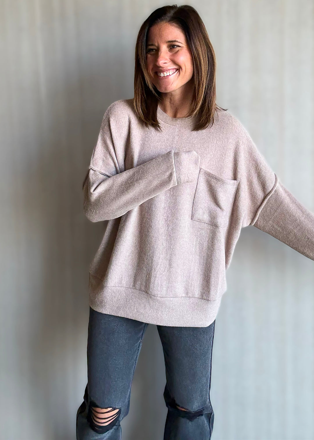 Women's cozy Brushed Melange Drop Shoulder Top in a light tan color