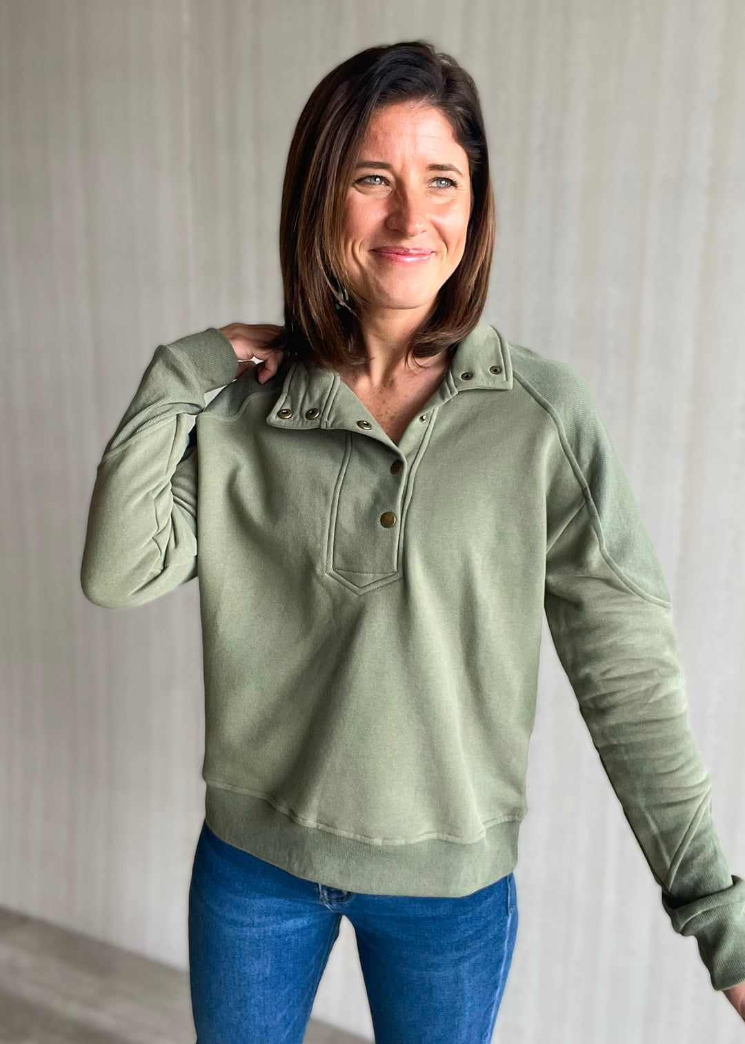 Women's Olive Half Snap Sweatshirt