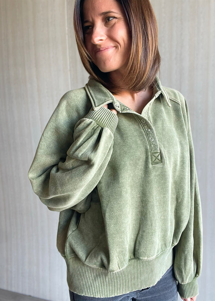 Women's Olive Acid Wash Fleece Half Snap Pullover