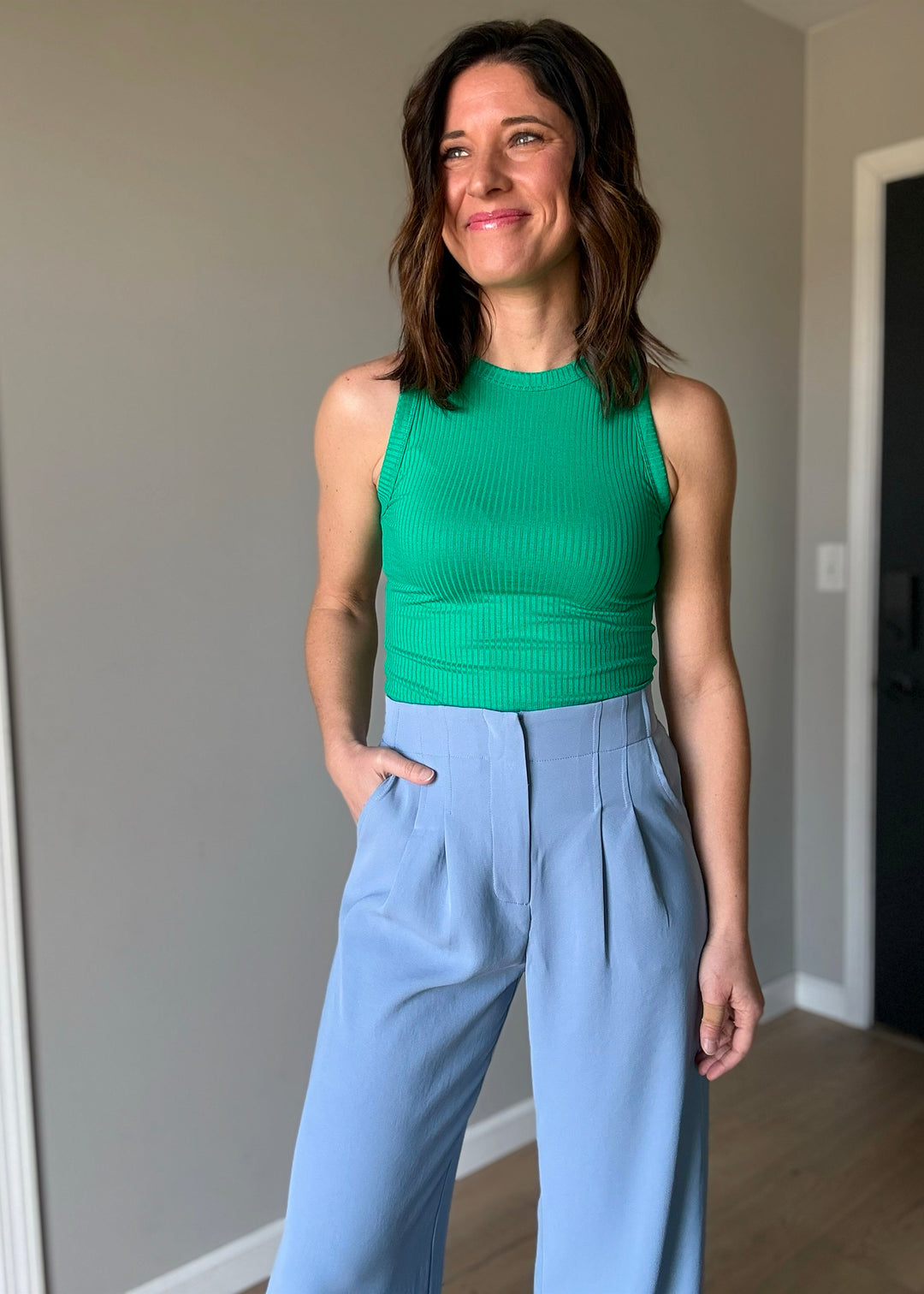 Women's Dress Pants - Skies Are Blue Brand - Dusty Blue Pintuck Wide Leg Pants