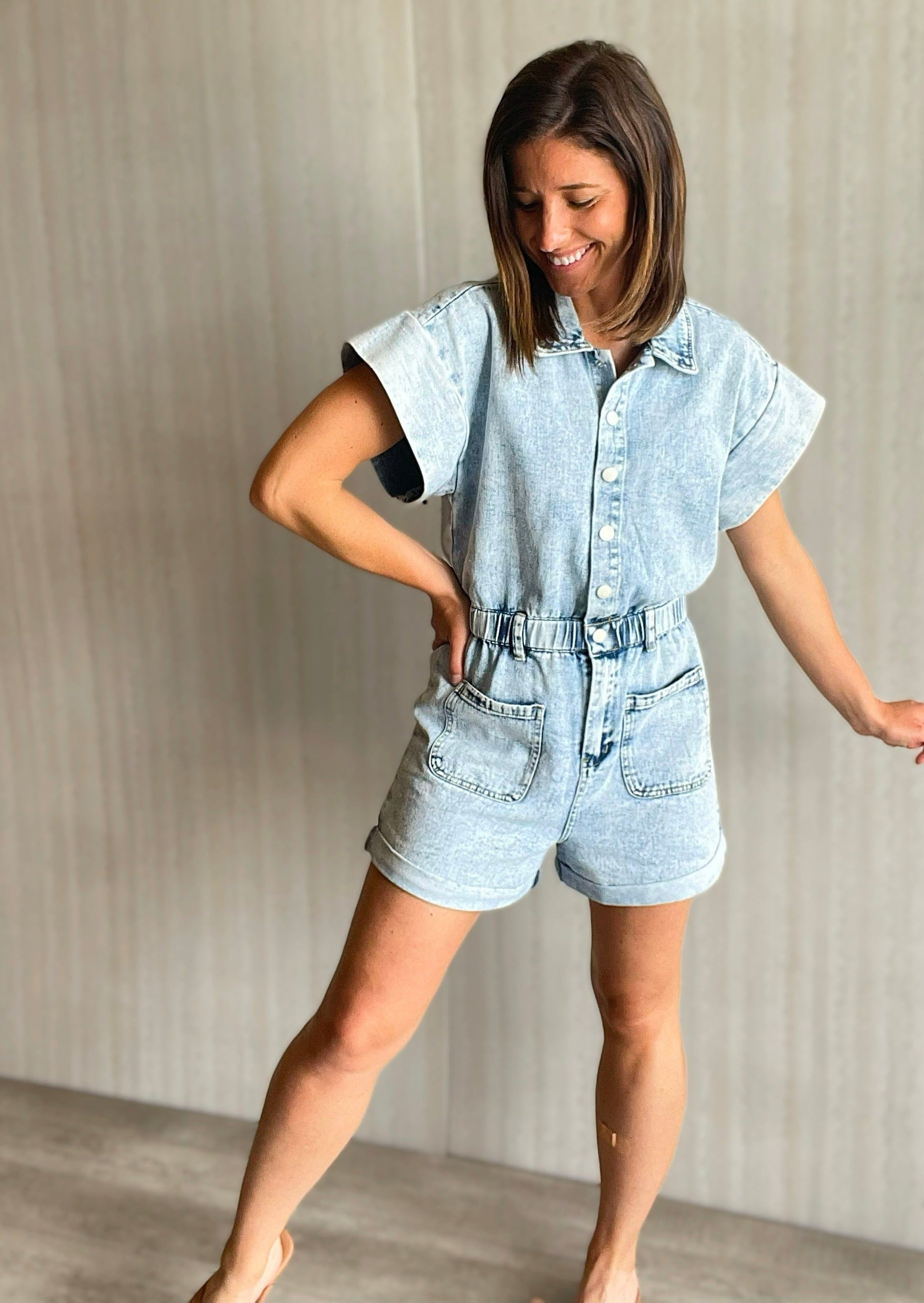 Denim romper shops outfit