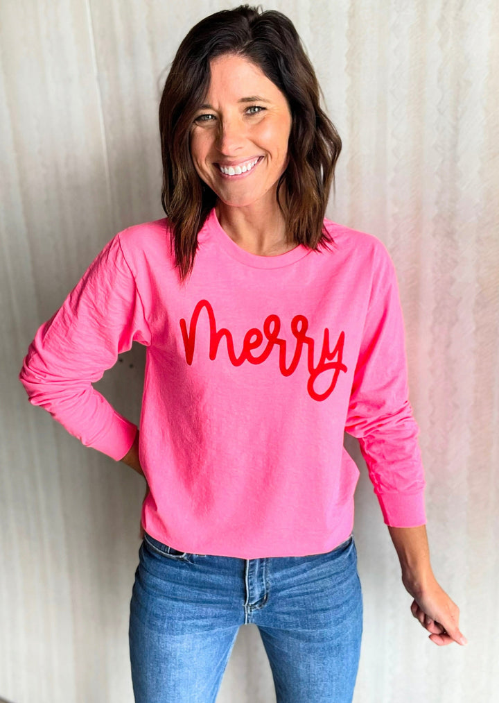 Merry Pink Long sleeve shirt | Christmas Graphic Shirt