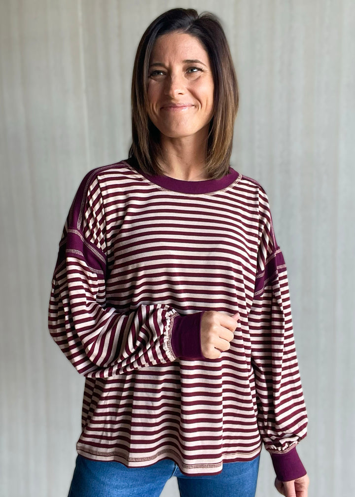 Burgundy/Sand Long Sleeve Top