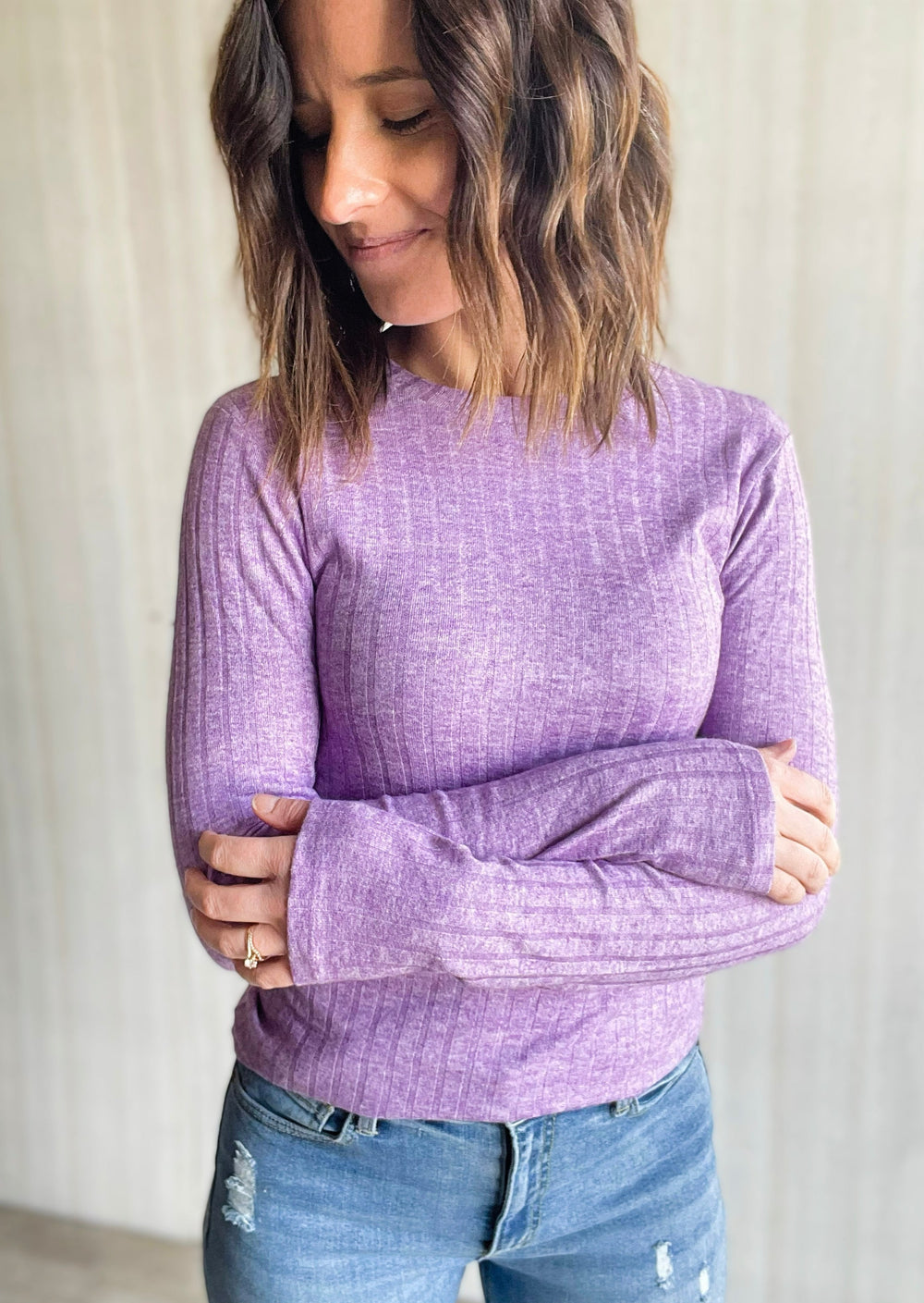 Women's Heathered Lavender Ribbed Long Sleeve Top