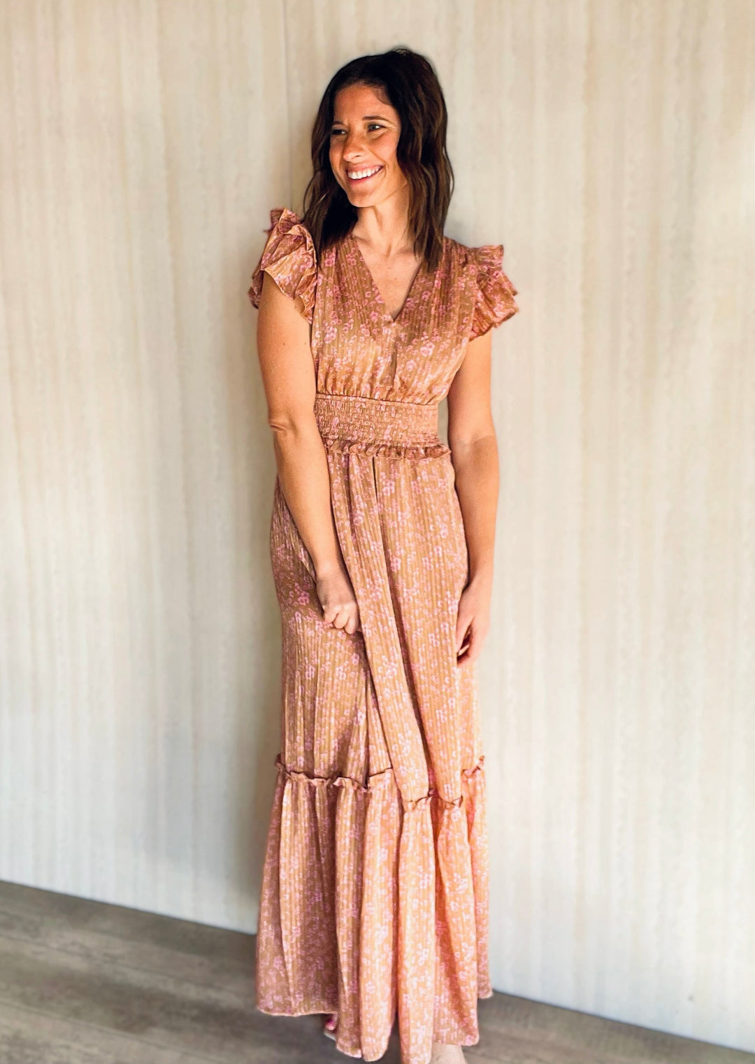 Women's Pleated Camel and Pink Print Satin Maxi dress | Spring Floral Maxi Dresses