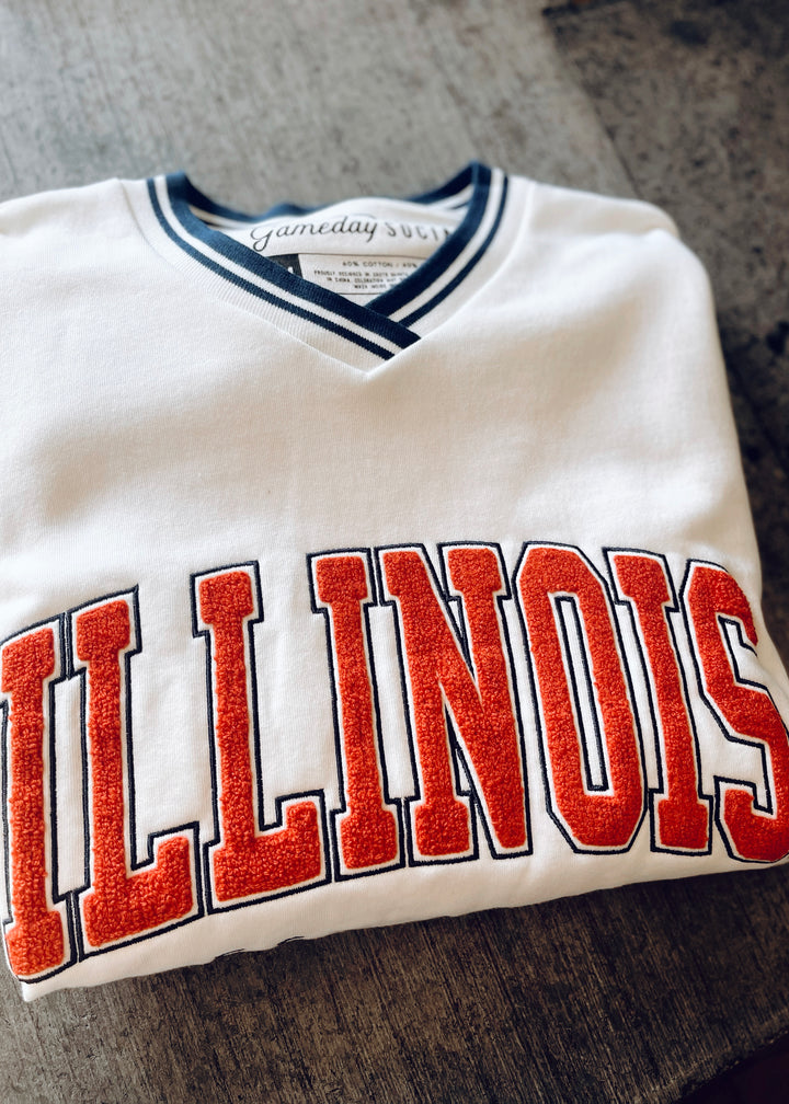 Women's Illinois Chenille Varsity V-Neck | Champaign-Urbana Area Boutique with outfits perfect for Illinois Game Day!