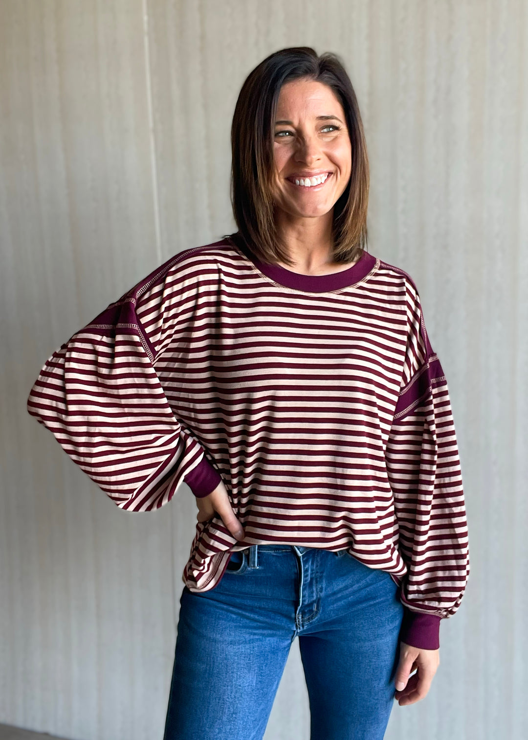 Women's Burgundy Striped Long Sleeve Top