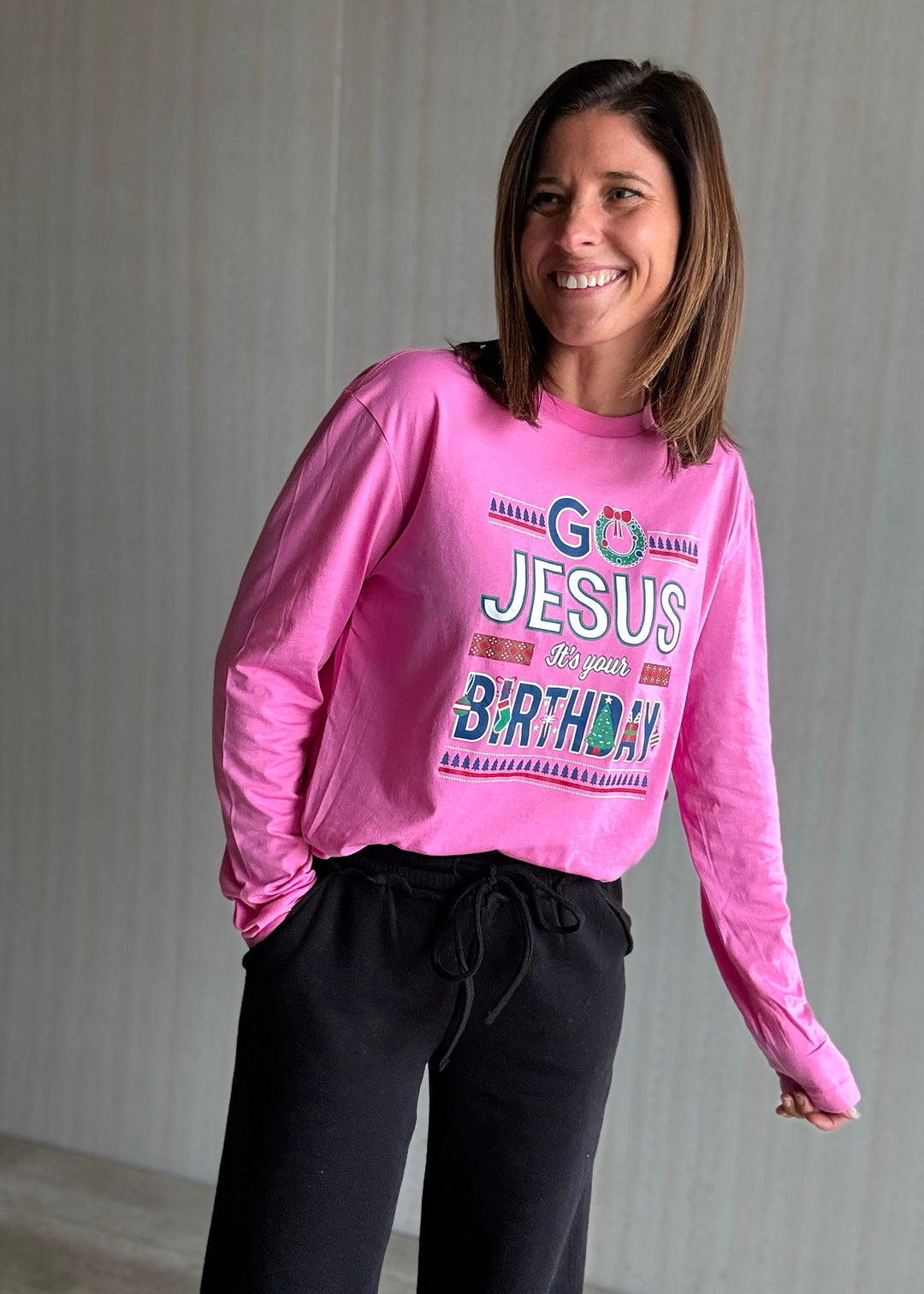 Women's pink Go Jesus It's Your Birthday Shirt| Cute Faith-Based Christmas T-shirt