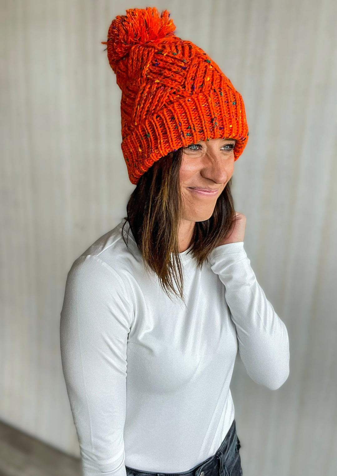 Orange Pom Hat with speckled colors | Orange Winter Beanie Hat
