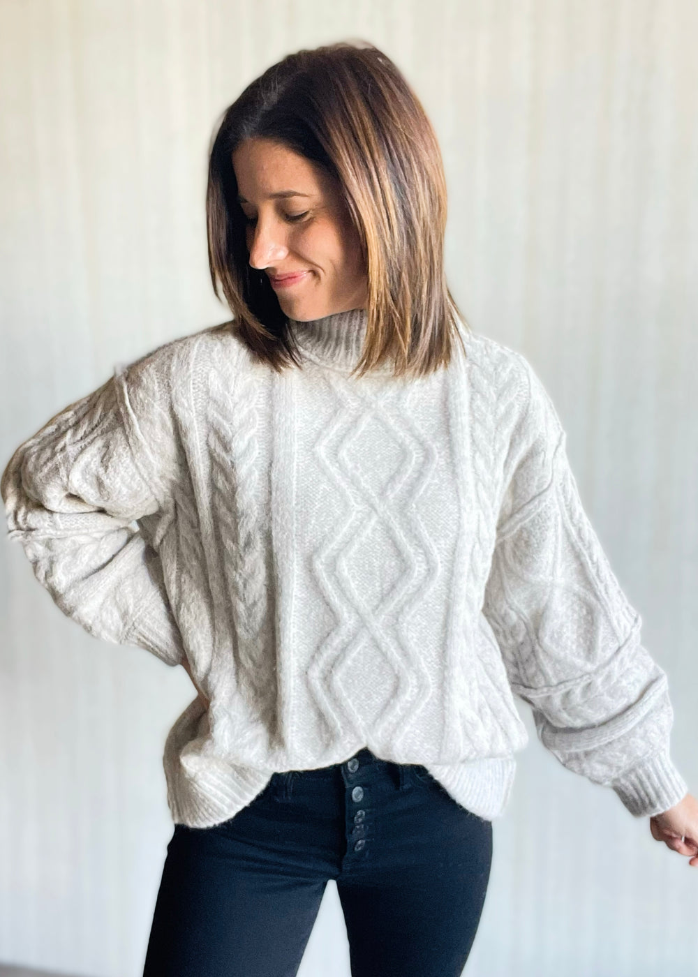 Women's Light Gray and Cream Turtleneck Cable Knit Sweater