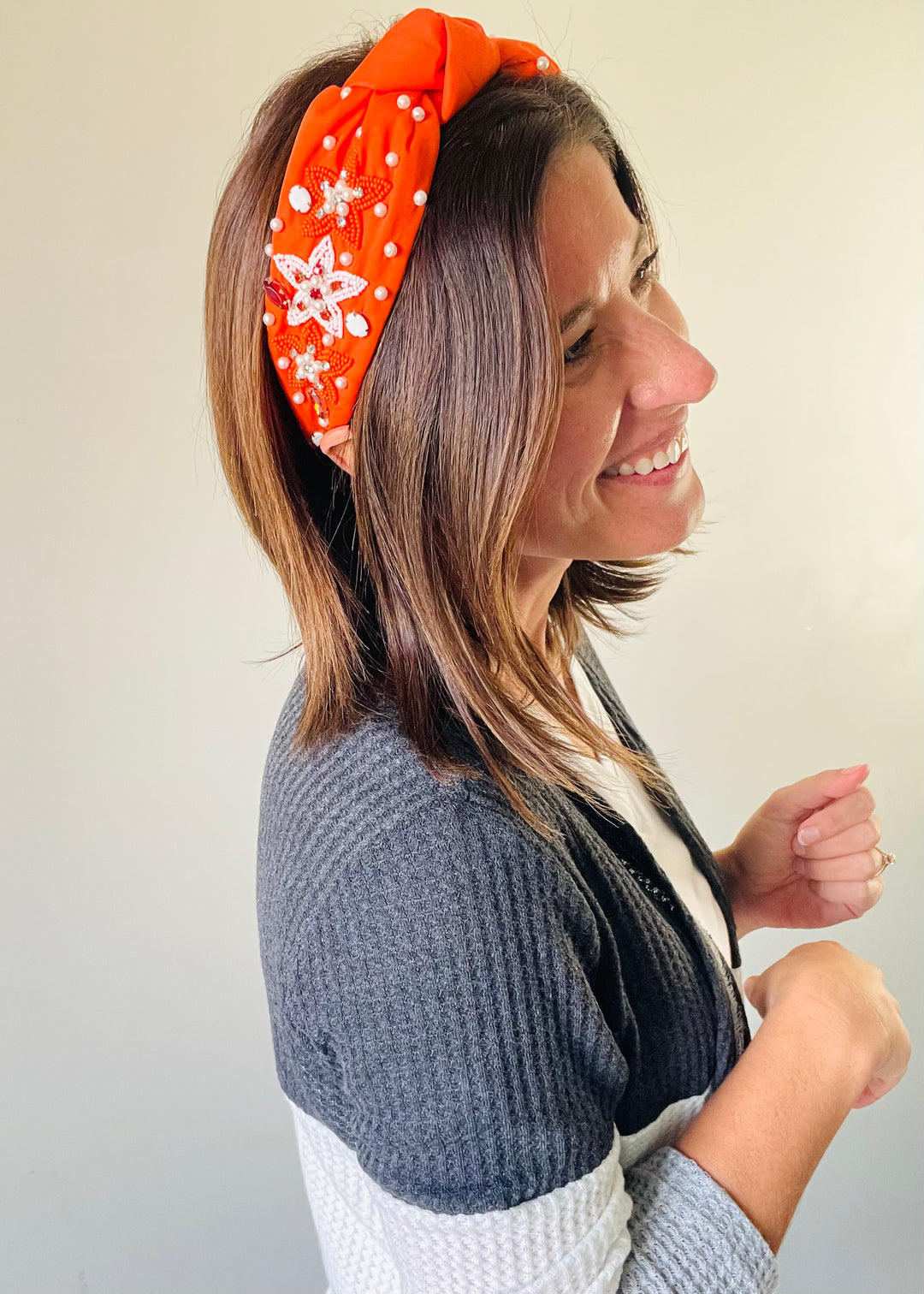 Beaded Orange and White Headband