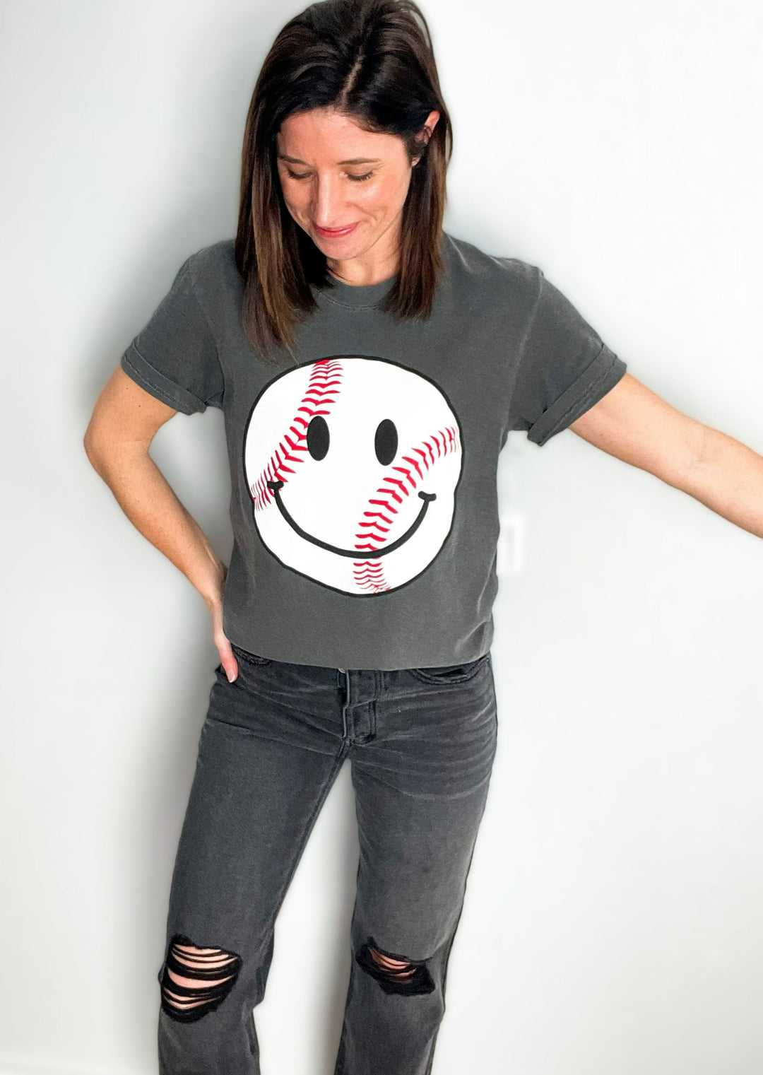 Gray Charcoal Baseball Happy Face Graphic Tee
