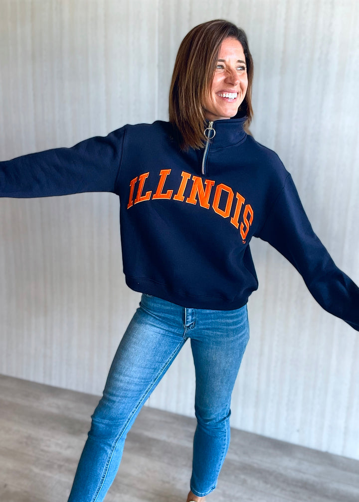 Women's Illinois Navy Quarter Zip Sweatshirt | Central Illinois Women's Clothing Boutique with game day clothing.