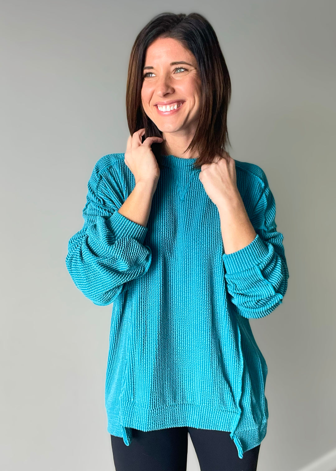 Women's Teal Ribbed Long Sleeve Pullover Top 