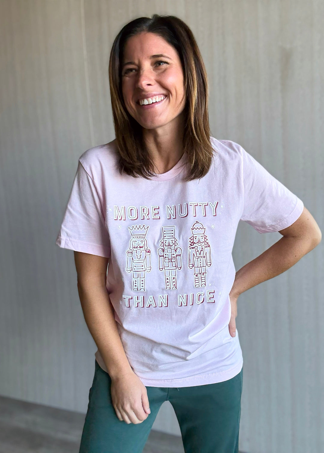 Women's Christmas Nutcracker t-shirt. Pink More Nutty Than Nice T-shirt