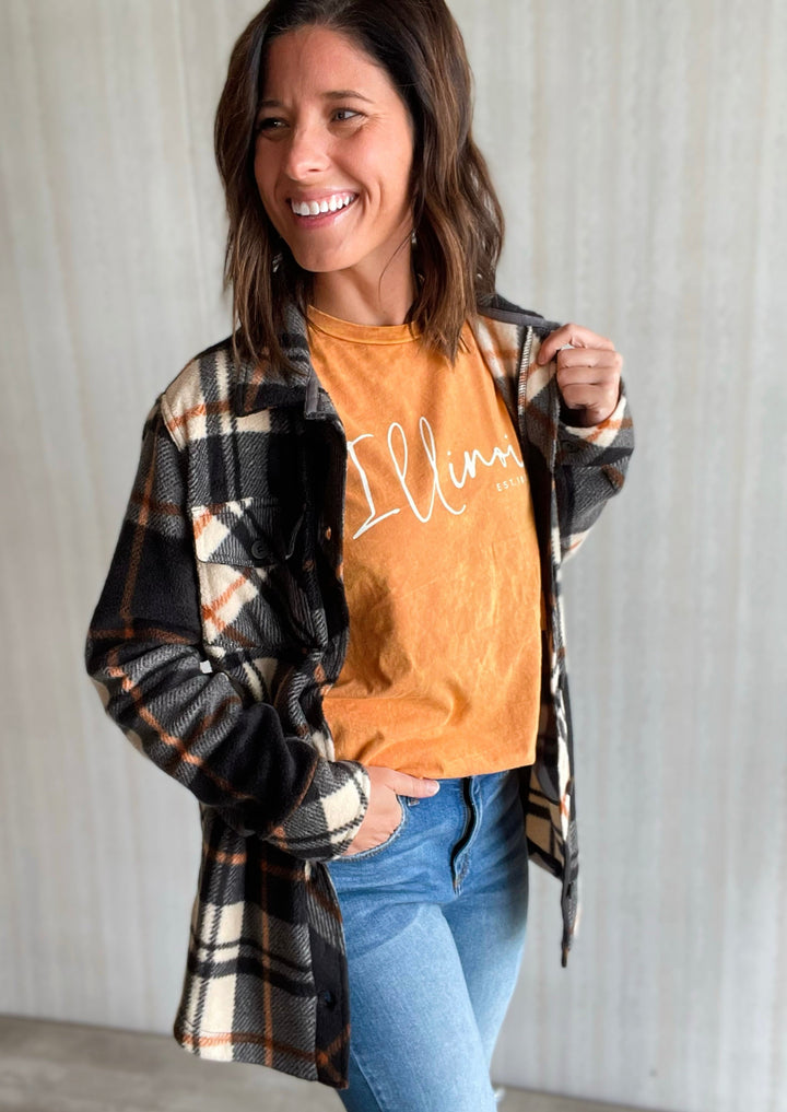 Light Orange Illinois Mineral Washed Tshirt for Women with cozy fleece shacket | Champaign-Urbana Women's Clothing Boutique