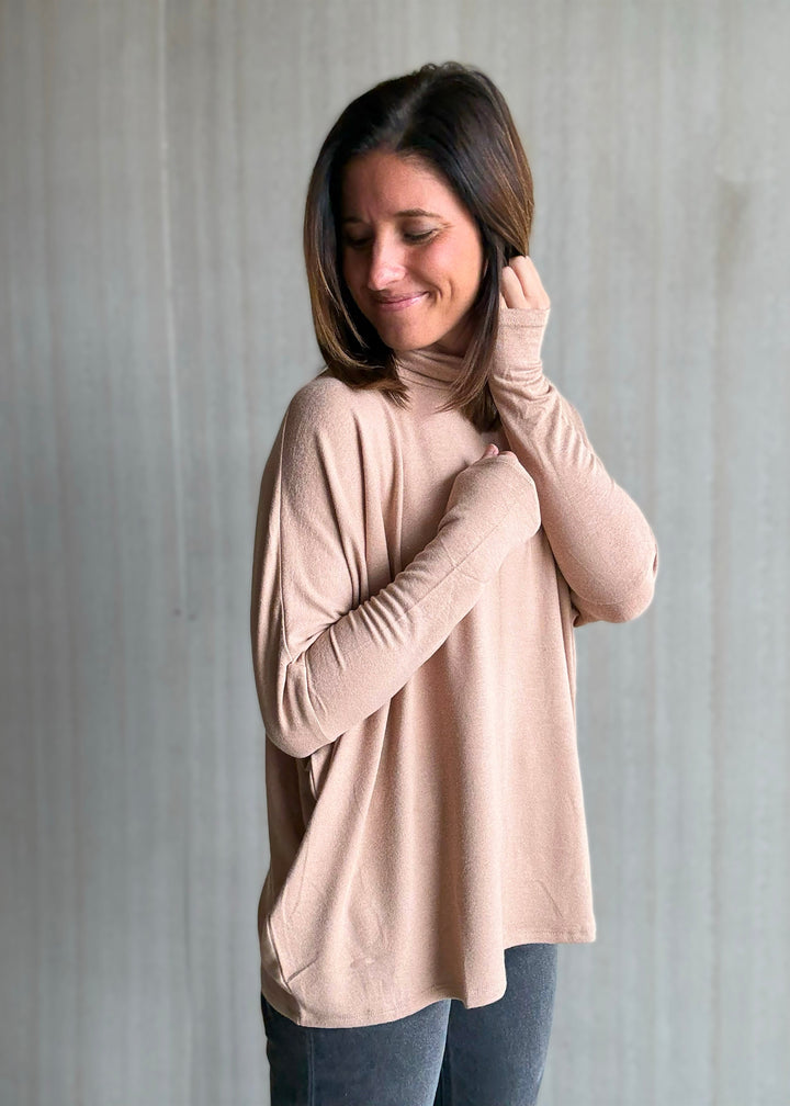 Women's Taupe Oversized Dolman Turtleneck Top