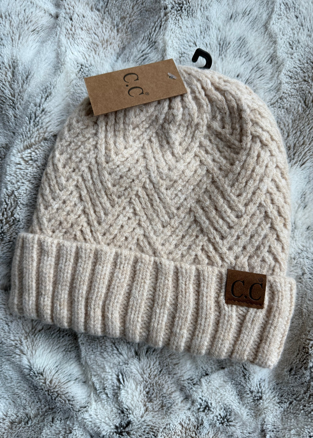 Beige Lined Crisscross Knit Beanie Hat