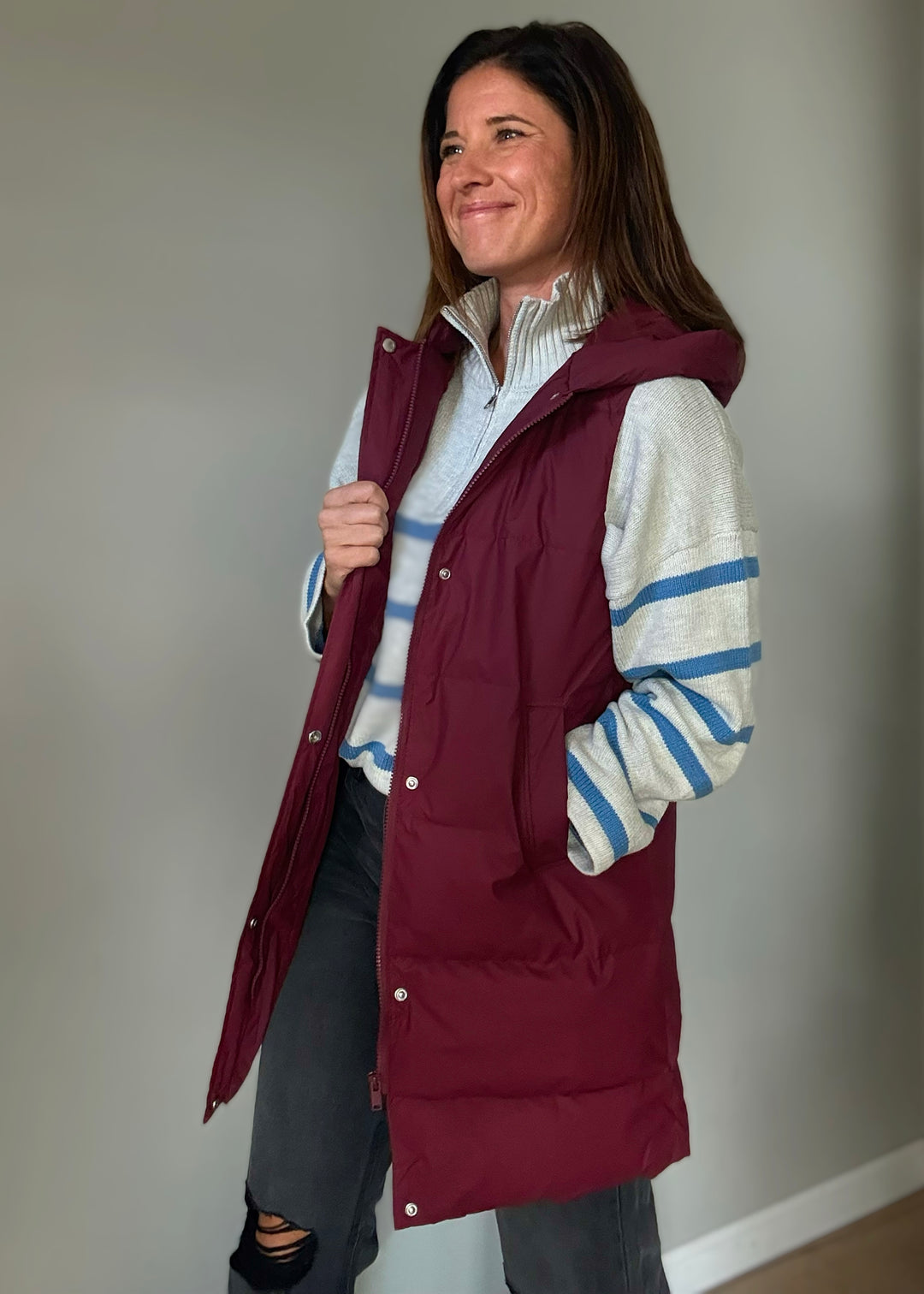 Women's Long Burgundy/Maroon Puffer Vest