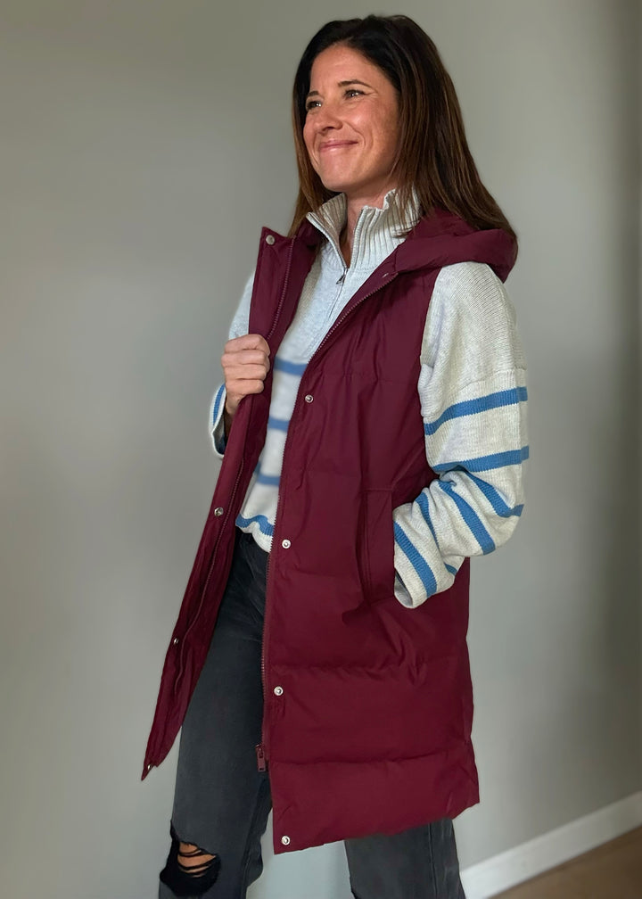 Women's Long Burgundy/Maroon Puffer Vest