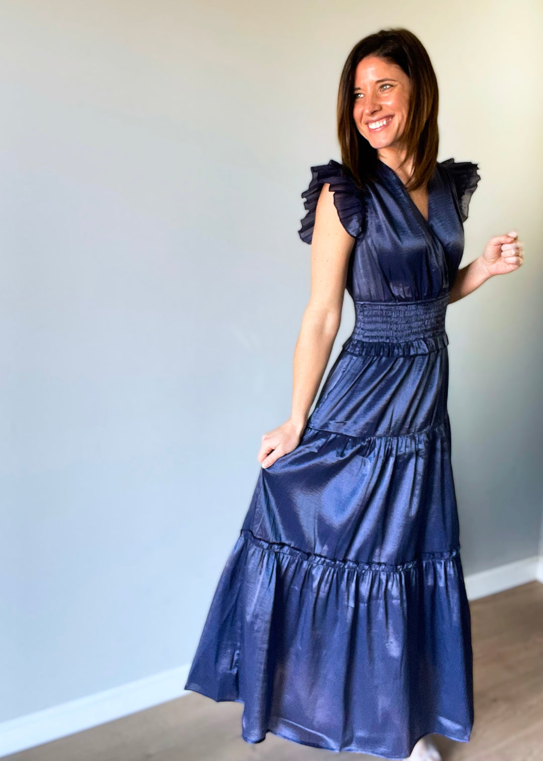 Midnight Blue Satin Tiered Maxi Dress Embolden Midnight Blue Satin Tiered Maxi Dress Embolden