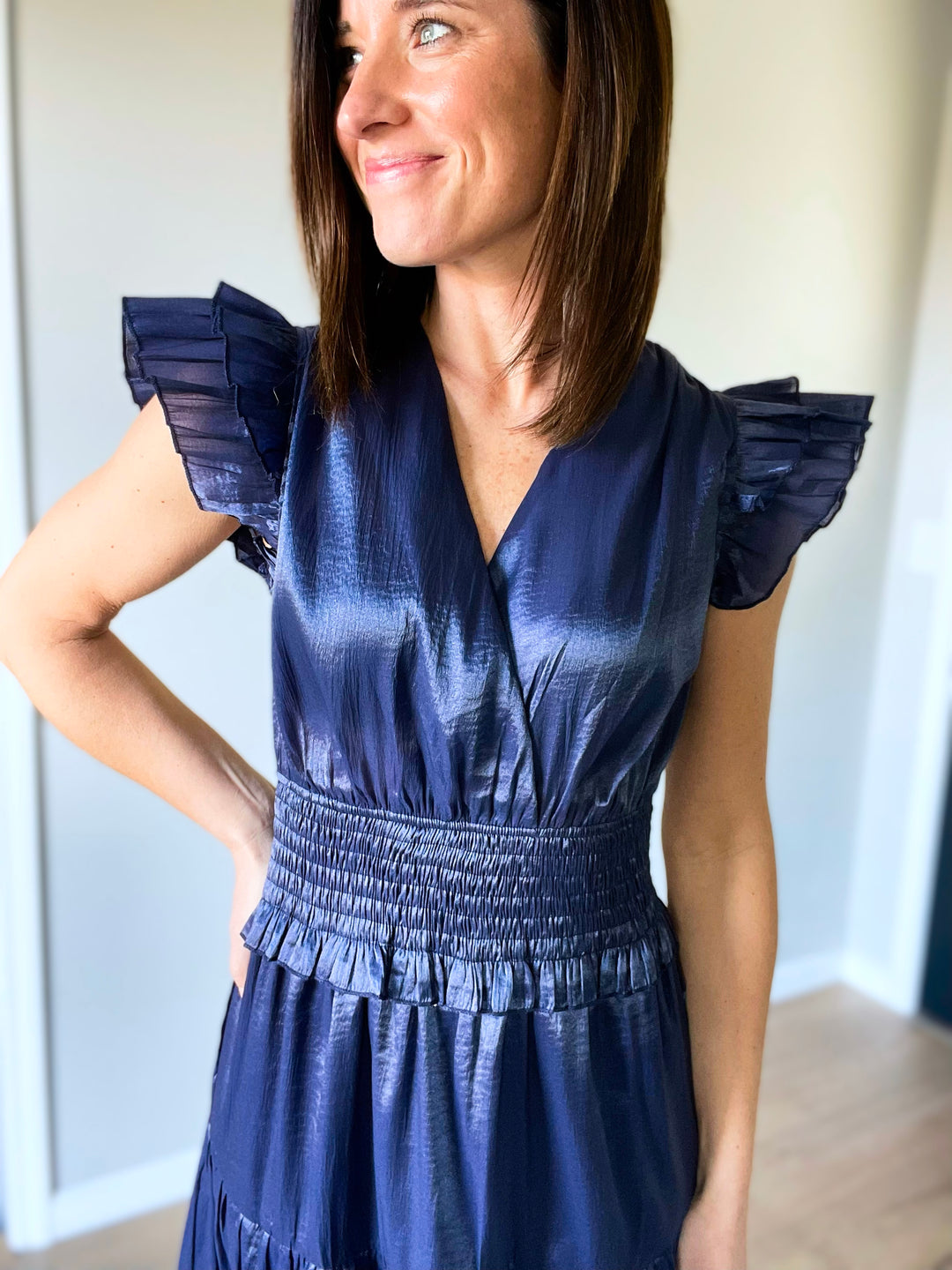 Midnight Blue Satin Tiered Maxi Dress