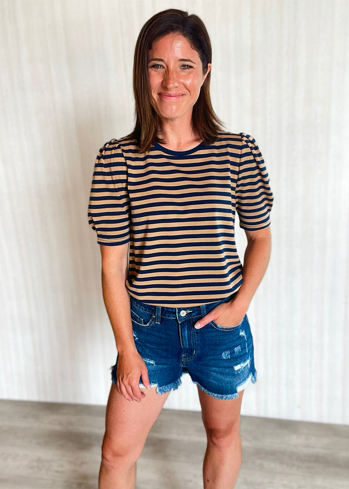 Classic Women's Top - Striped Puff Sleeve Top (Neutral Navy)