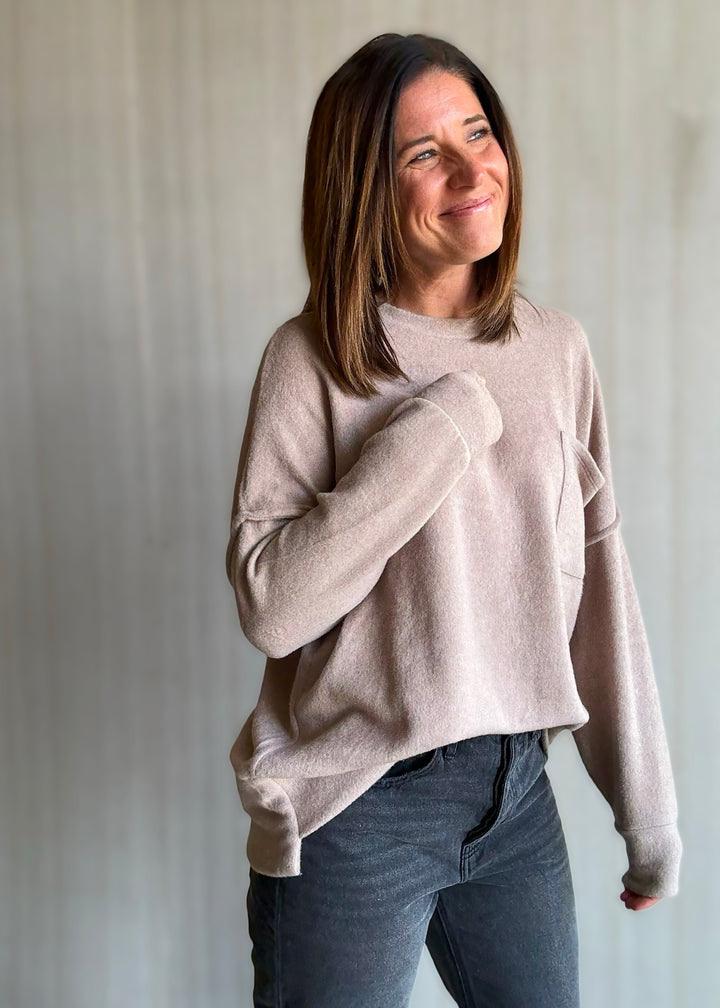 Women's cozy Brushed Melange Drop Shoulder Top in a light tan color