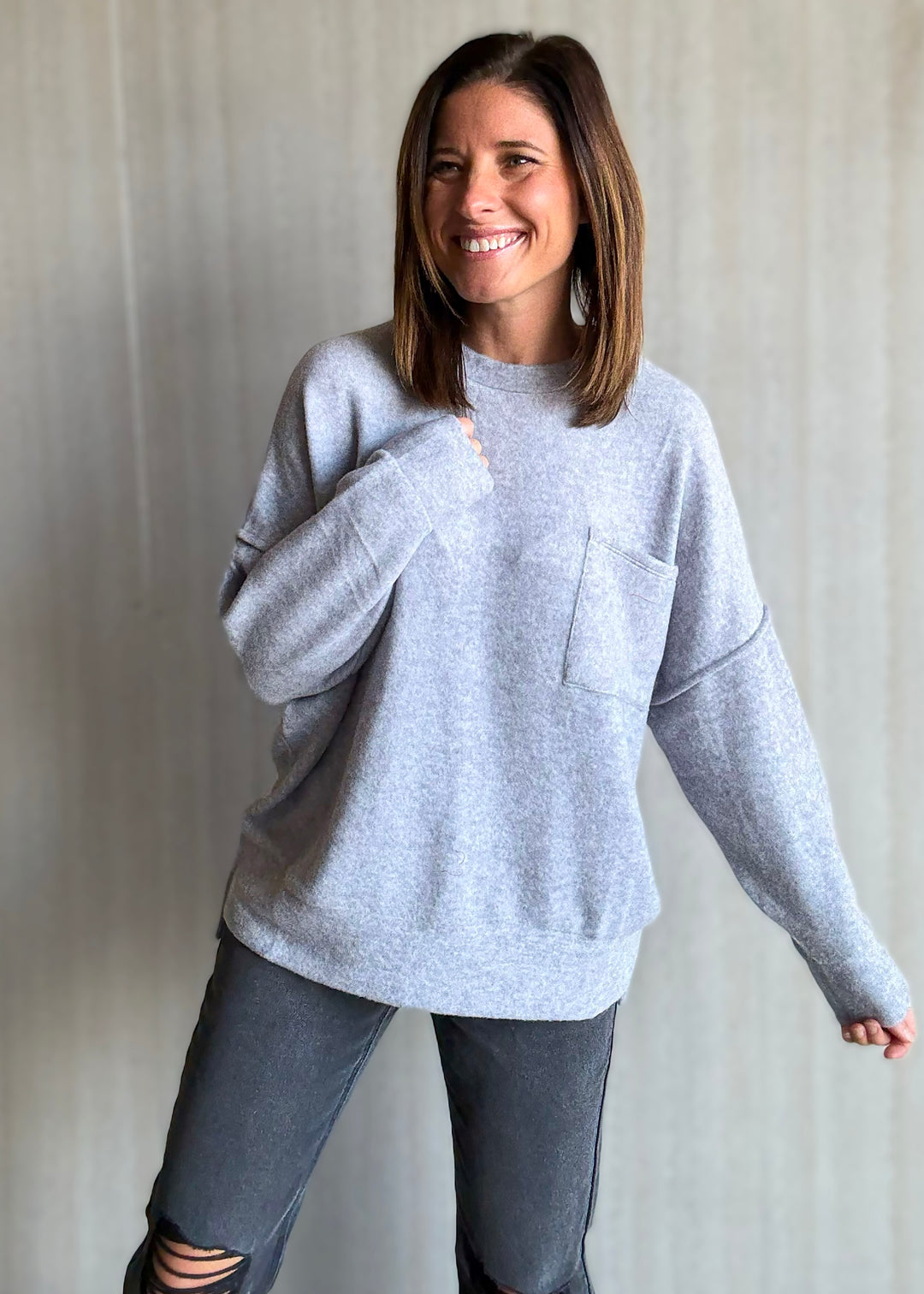 Women's cozy gray Brushed Melange Drop Shoulder Top 