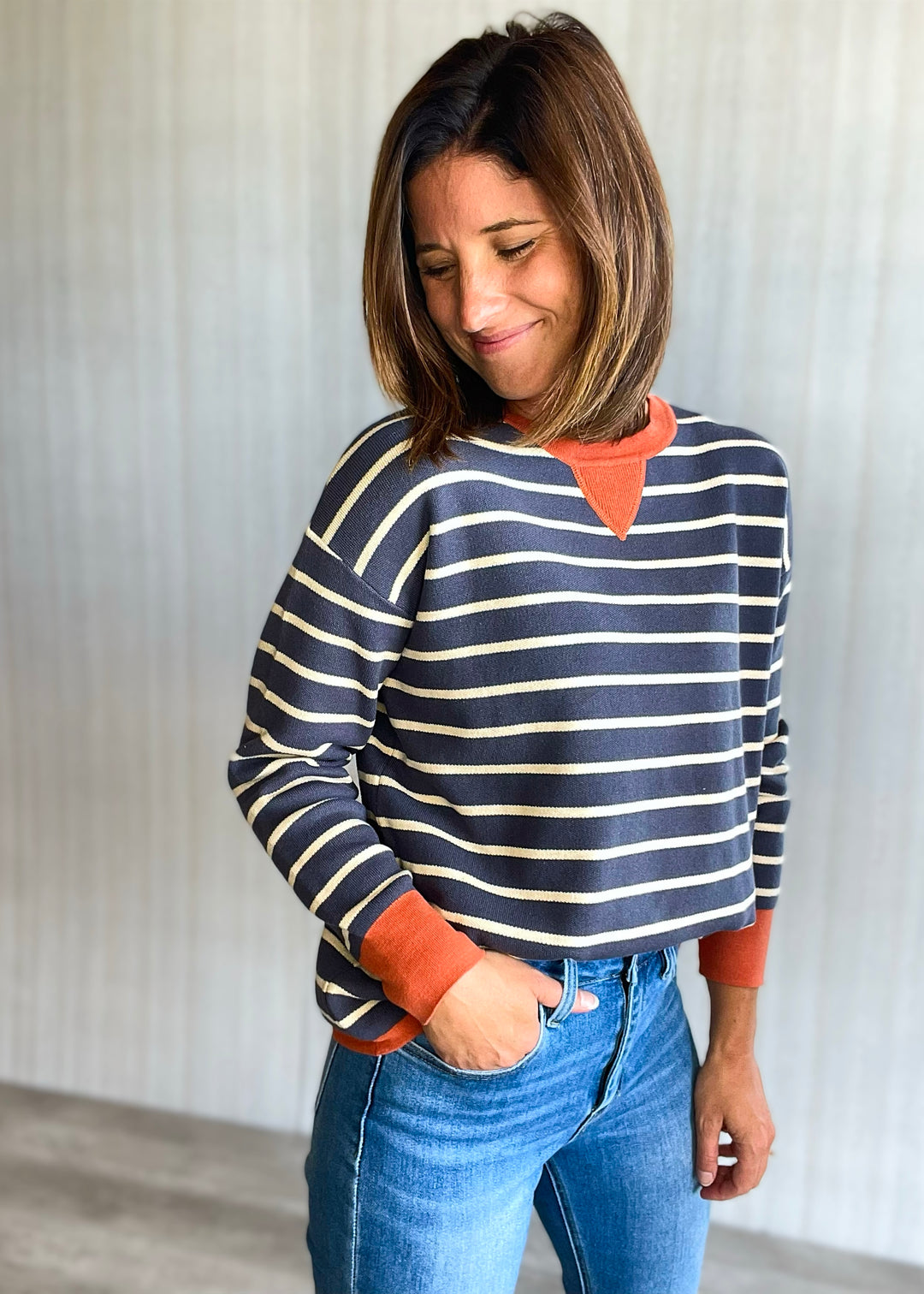 Women's Midnight Blue & Orange Rust Striped Sweater