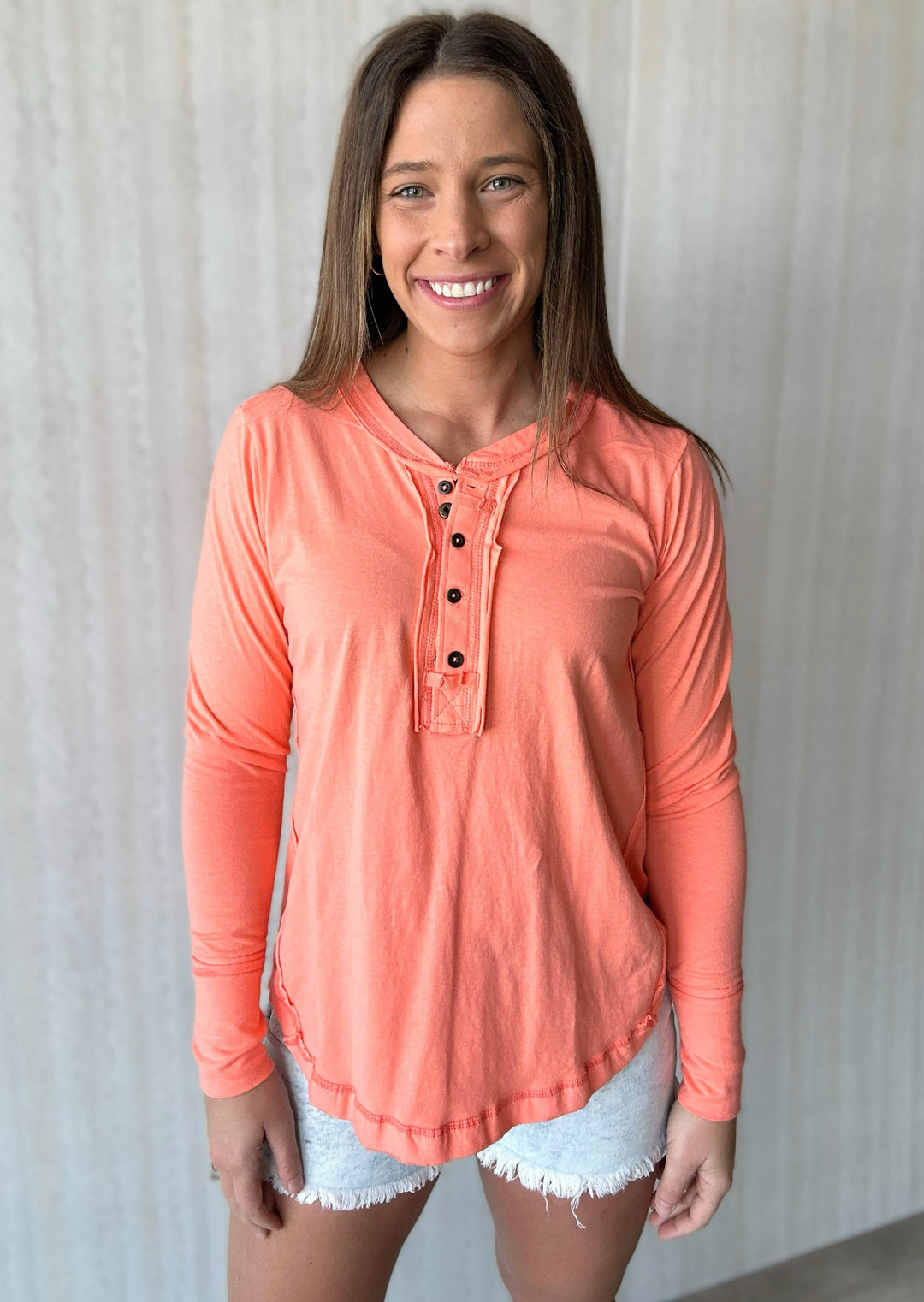 Women's Coral Long Sleeve Henley Shirt