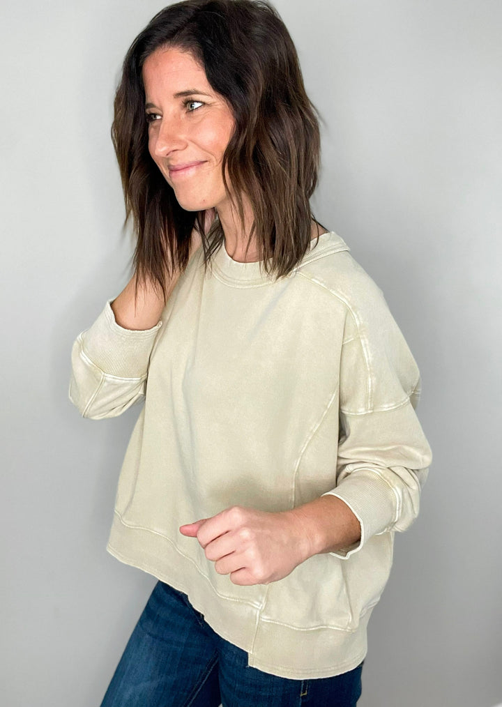 Mineral Washed Light Khaki Pullover | Neutral Women's Cozy Pullover Sweatshirt 
