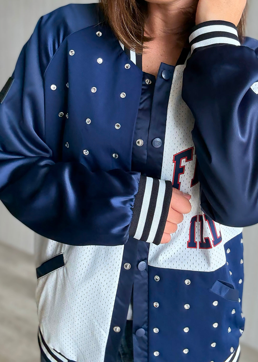 Women's Illinois Varsity Bomber Jacket with Rhinestones | Game Day Glam Outfit