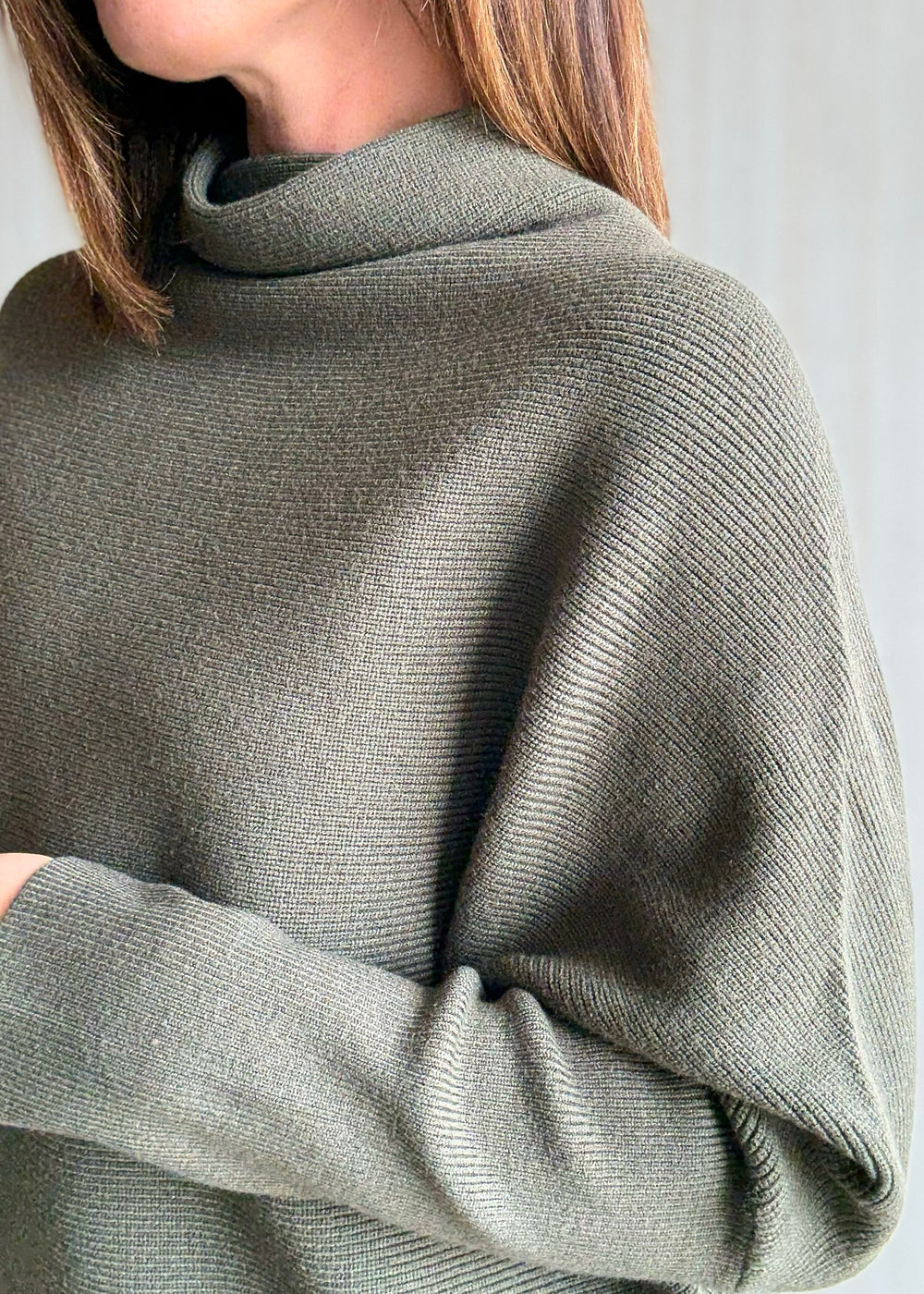 Women's Olive Green Dolman Sleeve Mock Neck Sweater | Cute Winter Classy Sweaters