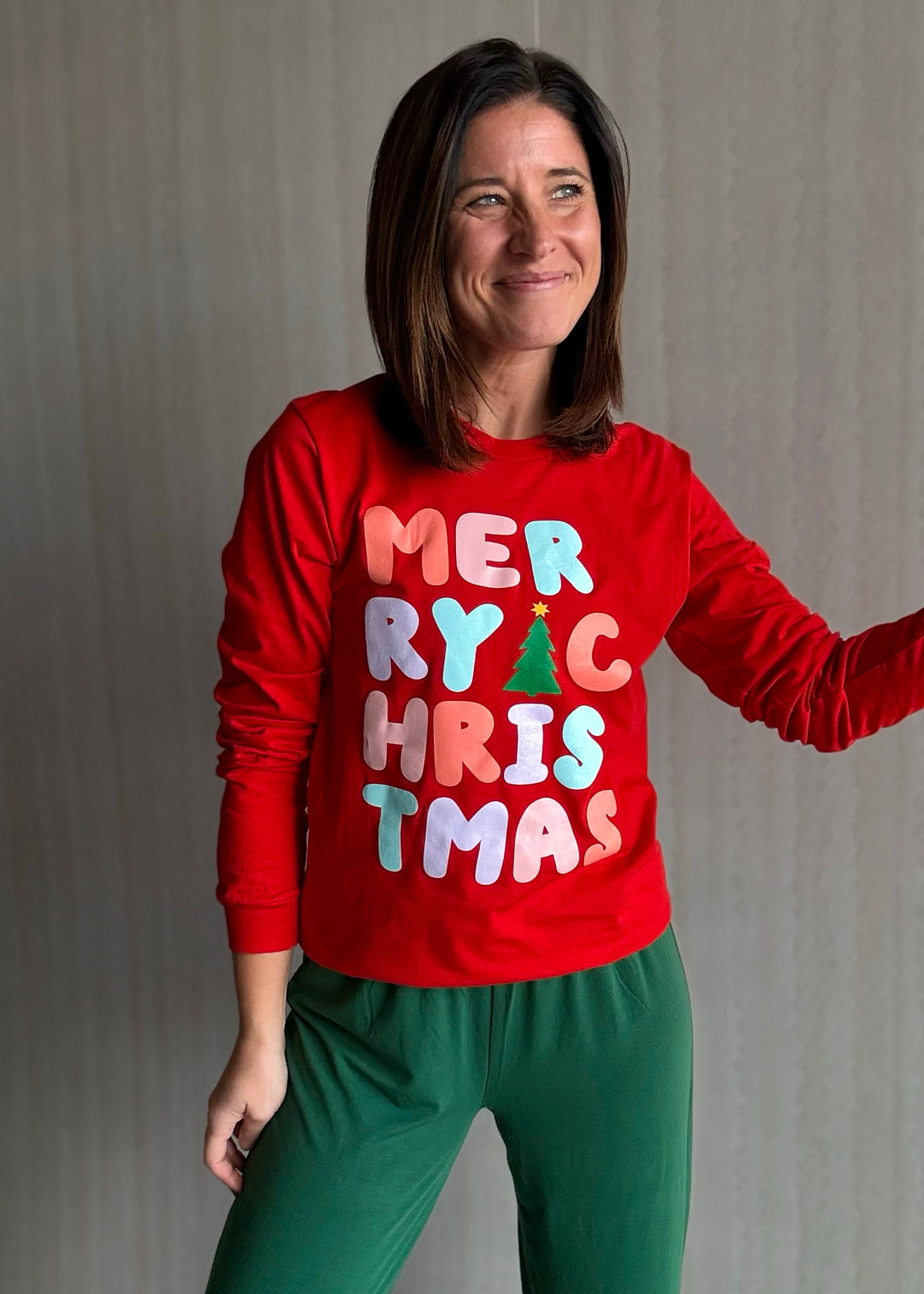 Women's Red Merry Christmas Long Sleeve Tee | Cute Holiday Graphic Shirts