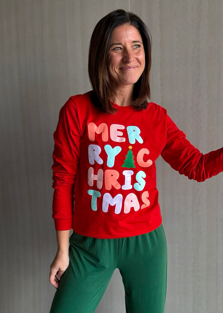 Women's Red Merry Christmas Long Sleeve Tee | Cute Holiday Graphic Shirts