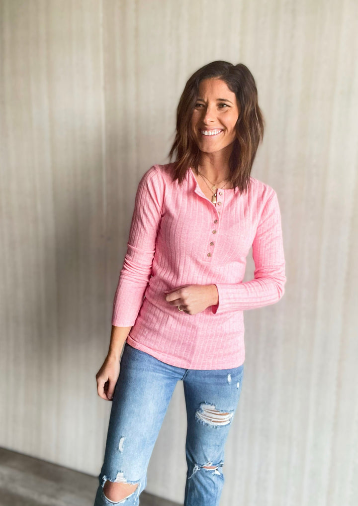 Pink Ribbed Henley Long Sleeve