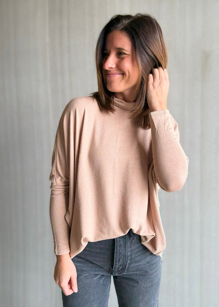 Women's Taupe Oversized Dolman Turtleneck Top