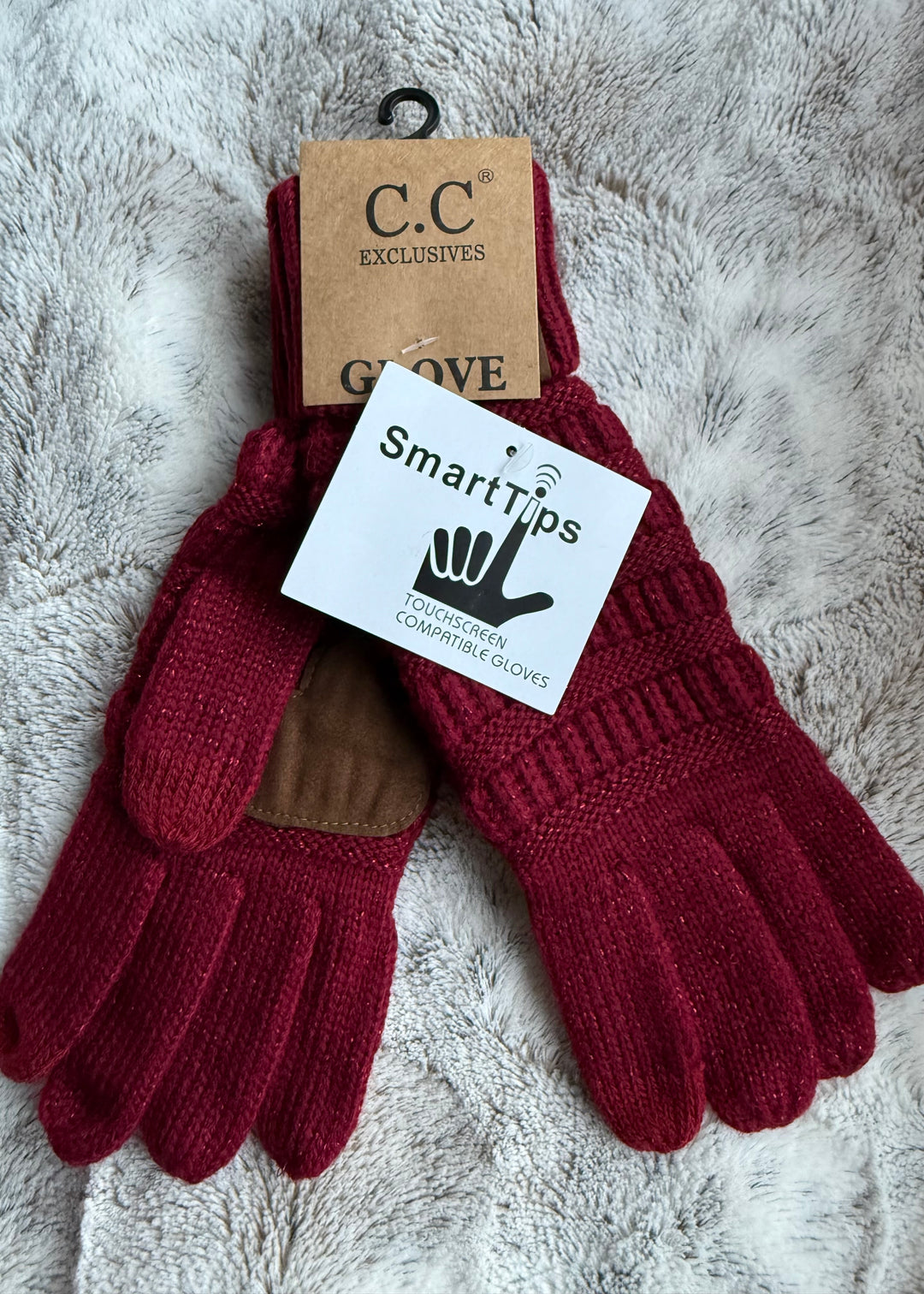 Women's Burgundy Metallic Cable Knit Gloves