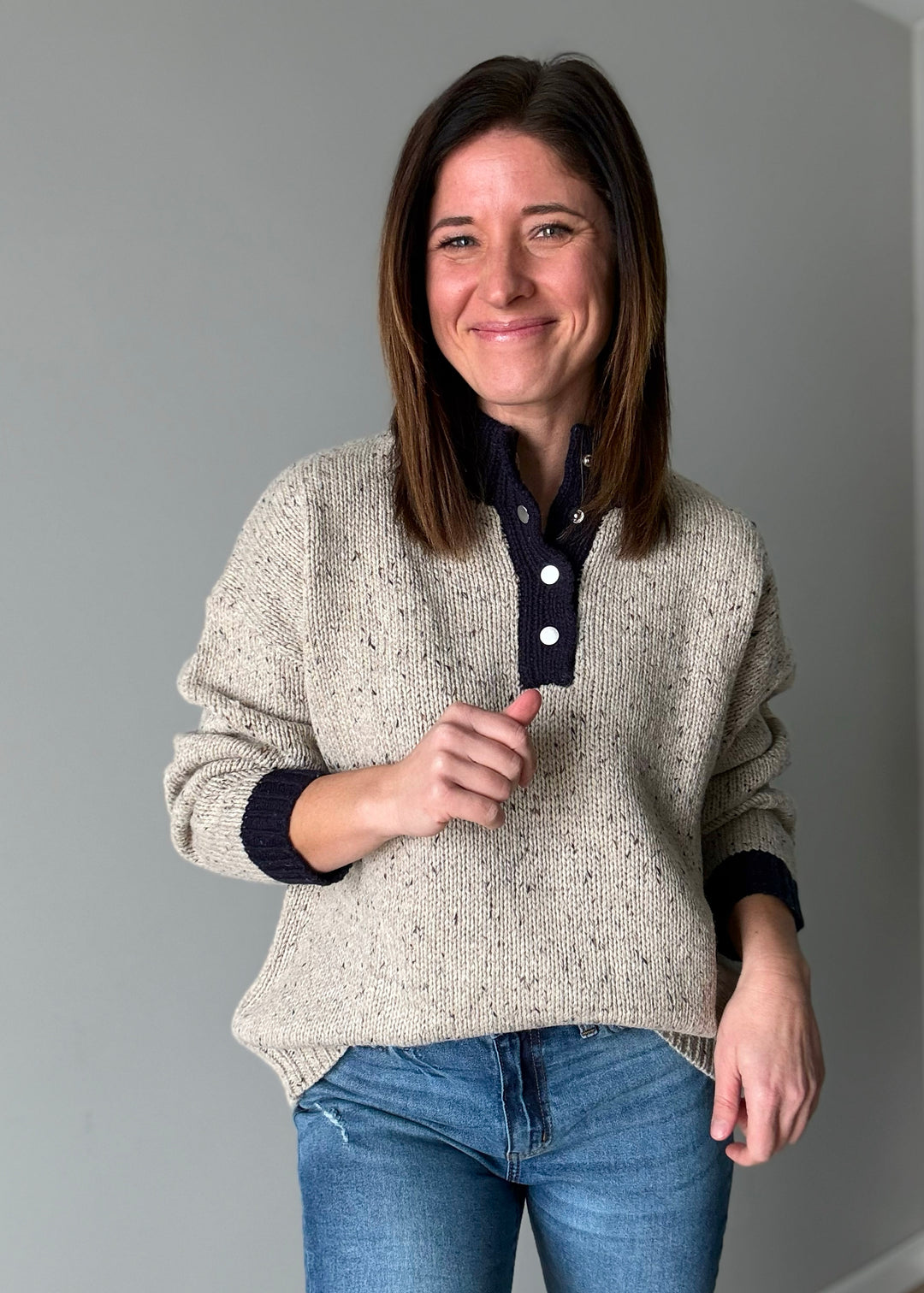 Women's Taupe & Navy Blue Henley Sweater | Classy women's sweater