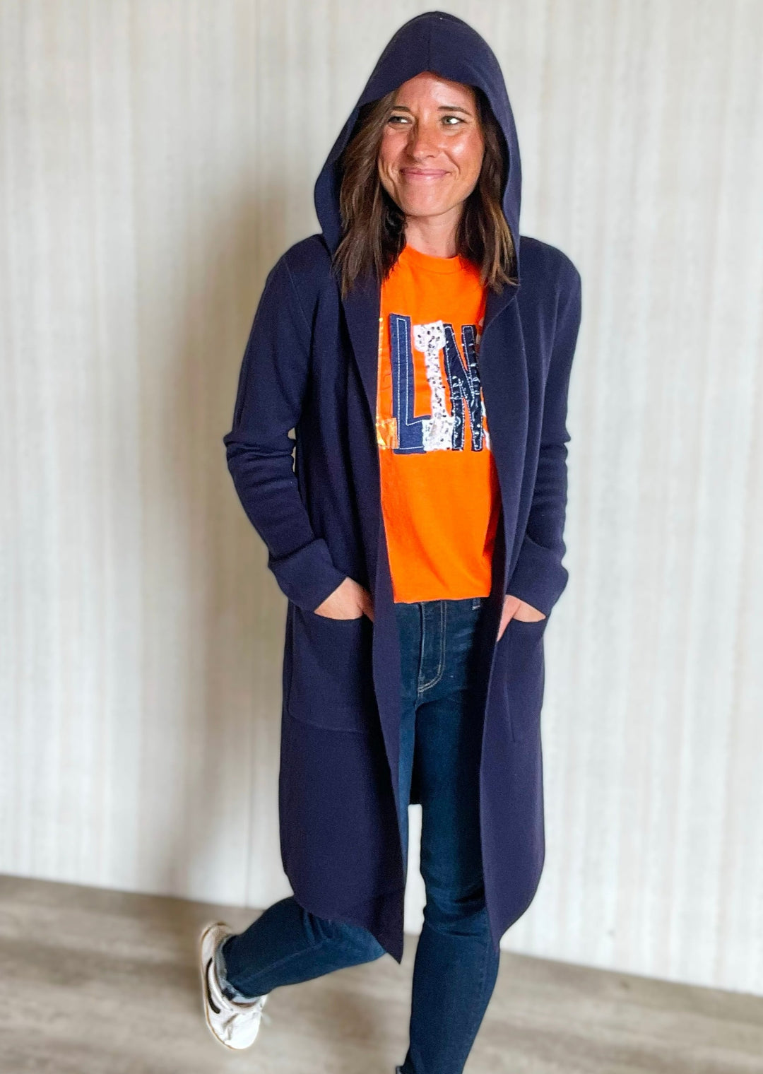 Long Navy Hooded Cardigan from Central Illinois Women's Clothing Boutique