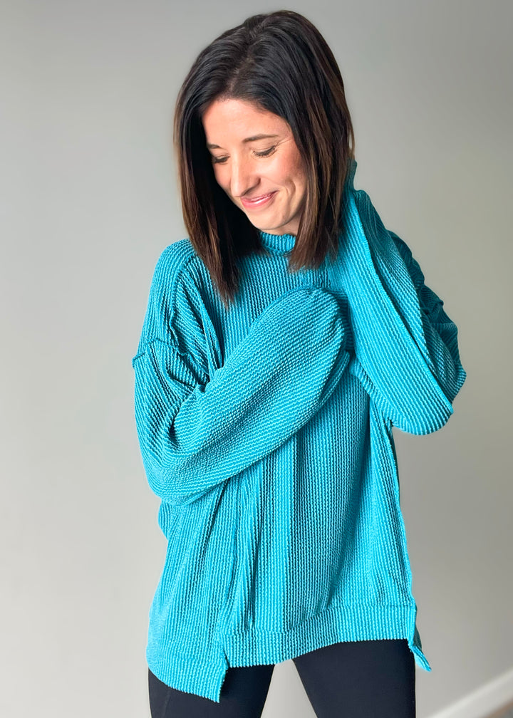 Women's Teal Ribbed Long Sleeve Pullover Top 