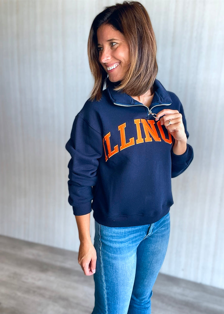 Women's Illinois Navy Quarter Zip Sweatshirt | Central Illinois Women's Clothing Boutique with game day clothing.