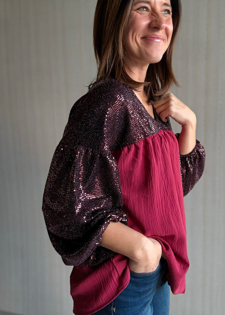 Maroon/Burgundy Sequin Babydoll Blouse | Women's Sequin Holiday Top