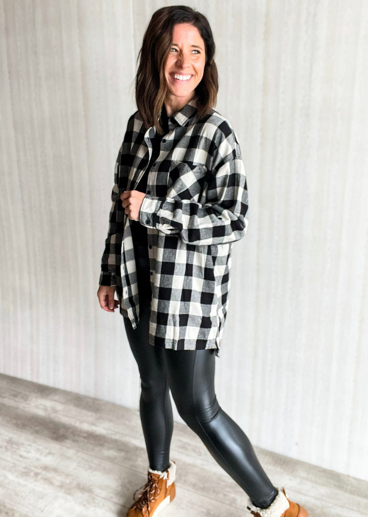 Black & White Buffalo Plaid Check Flannel Shirt - Women's Plaid Tops