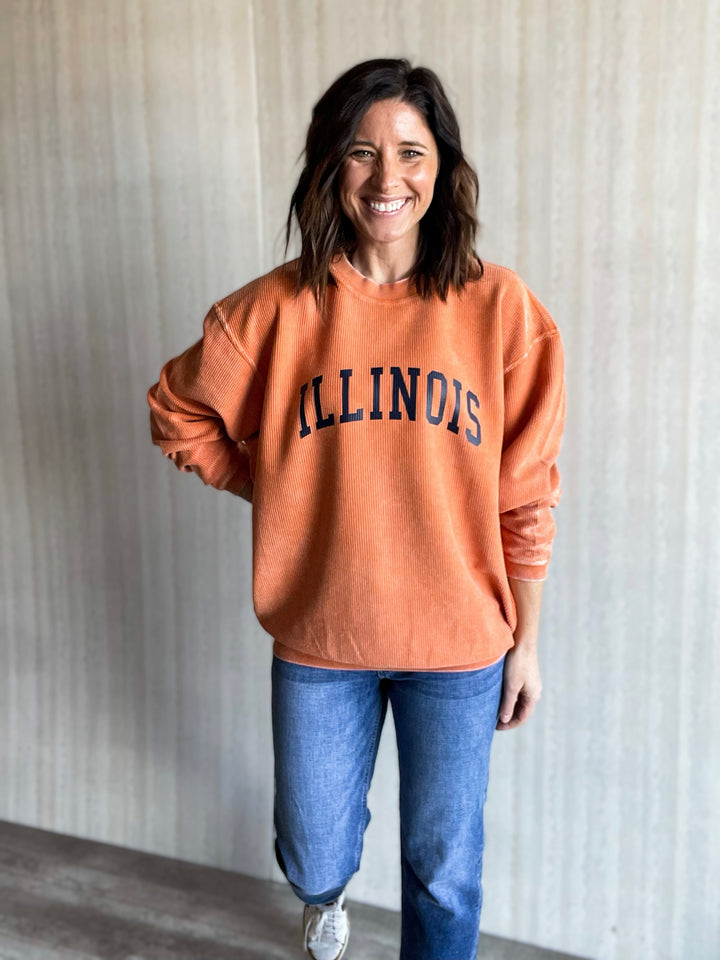 Burnt Orange Corded Illinois Crew Sweatshirt Pullover | Buy at Embolden, a Champaign-Urbana Boutique