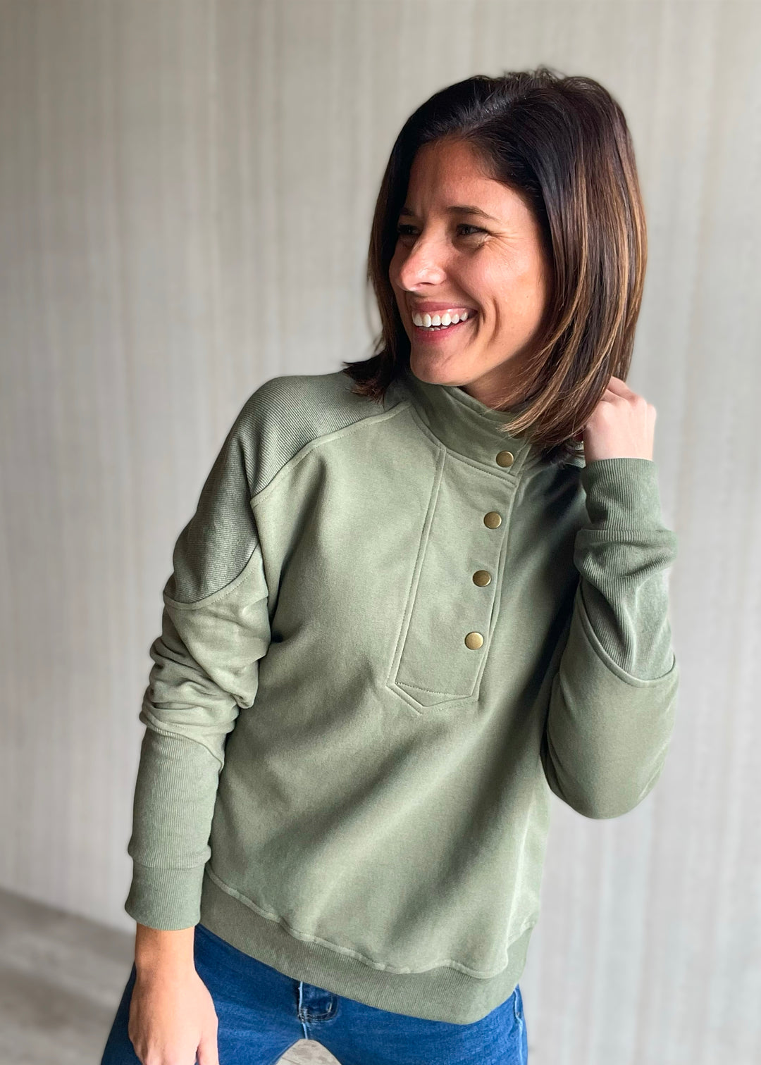 Women's Olive Half Snap Sweatshirt