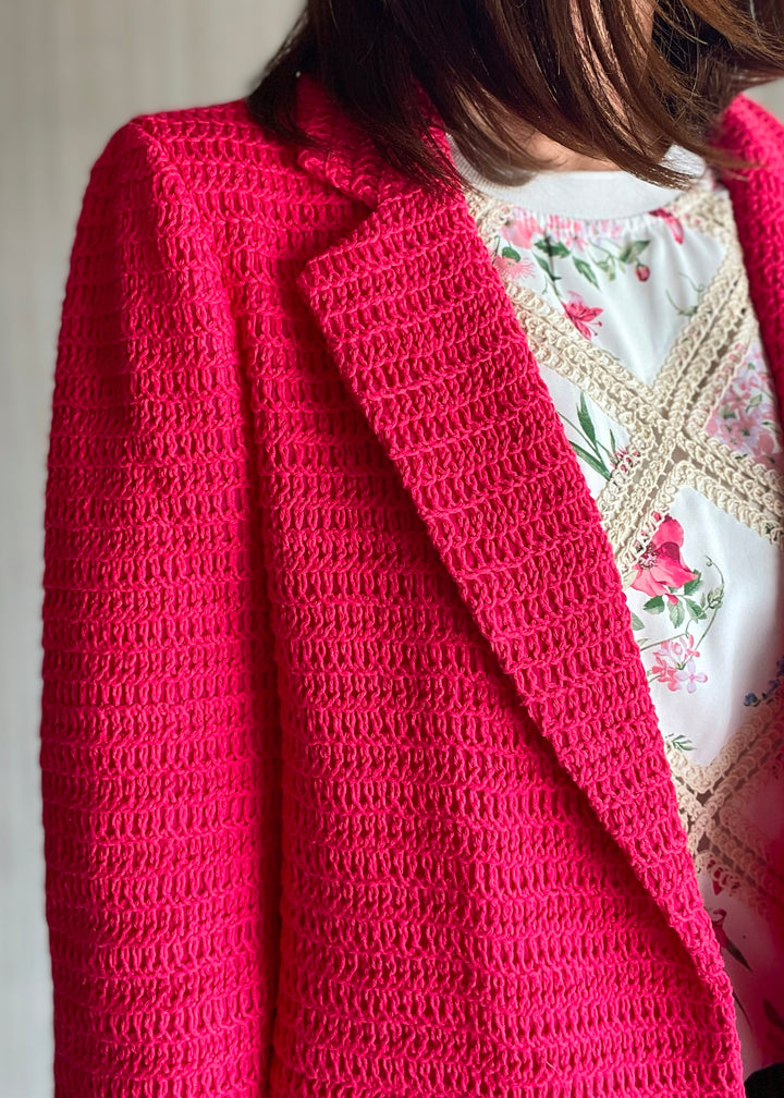 Raspberry Crochet Blazer by Skies Are Blue sold at Embolden, a Central Illinois Women's Clothing Boutique. Cute, spring & summer women's blazer.